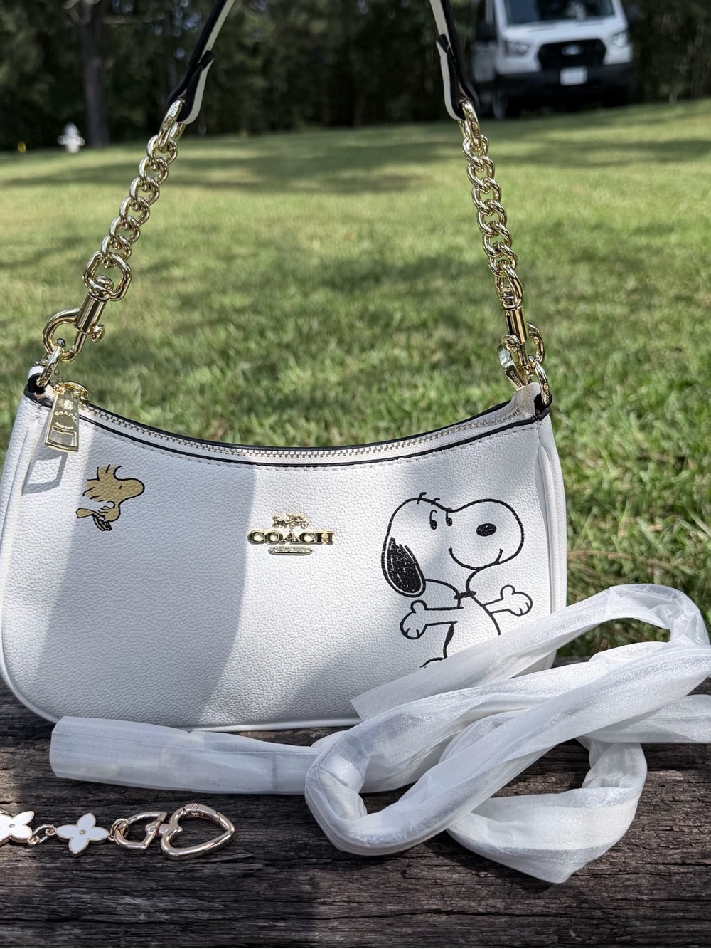 Coach White Snoopy & Woodstock Mini Shoulder Bag with Gold Hardware